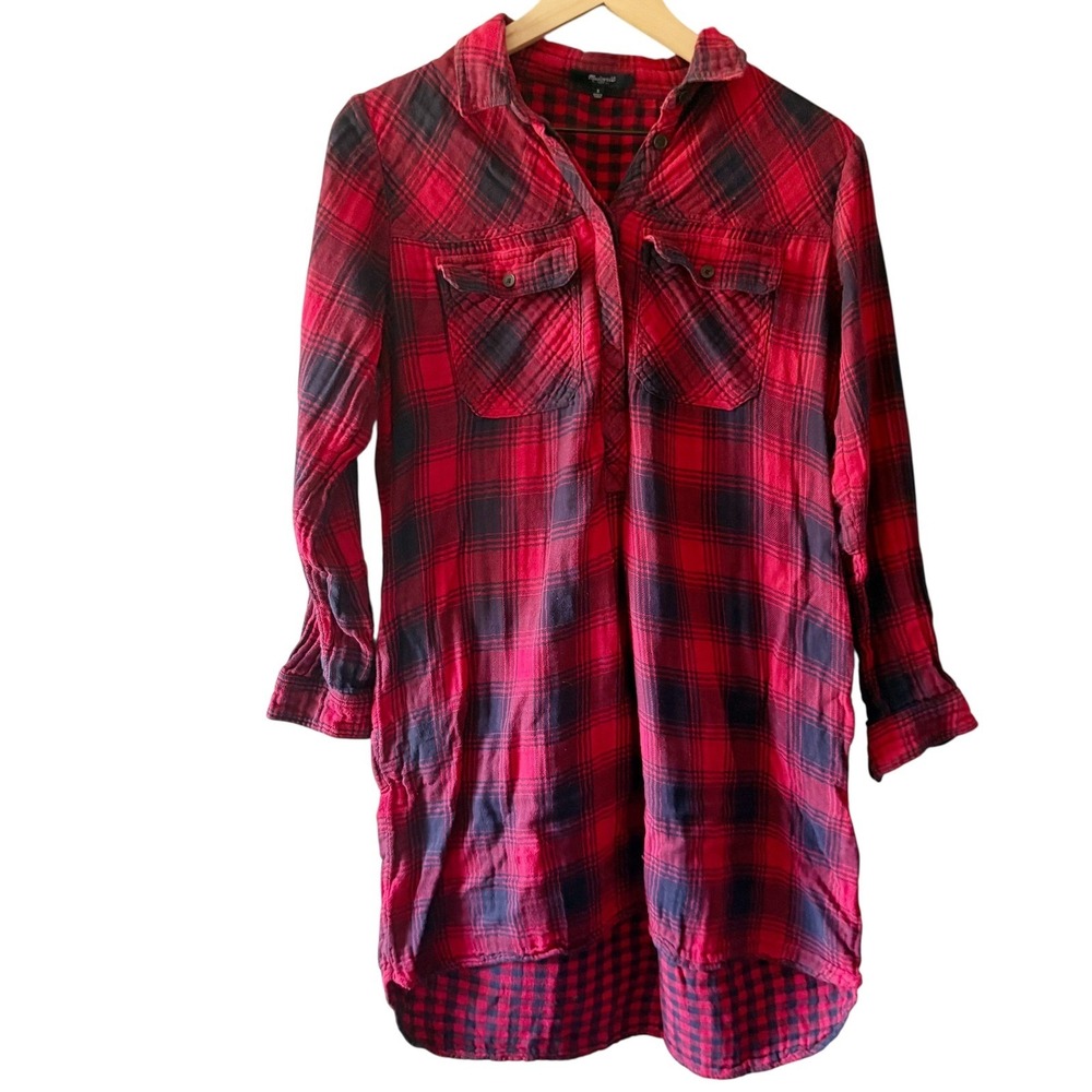 Madewell Red Black Plaid Flannel Button Front‎ Shirt Dress with Pockets Size S